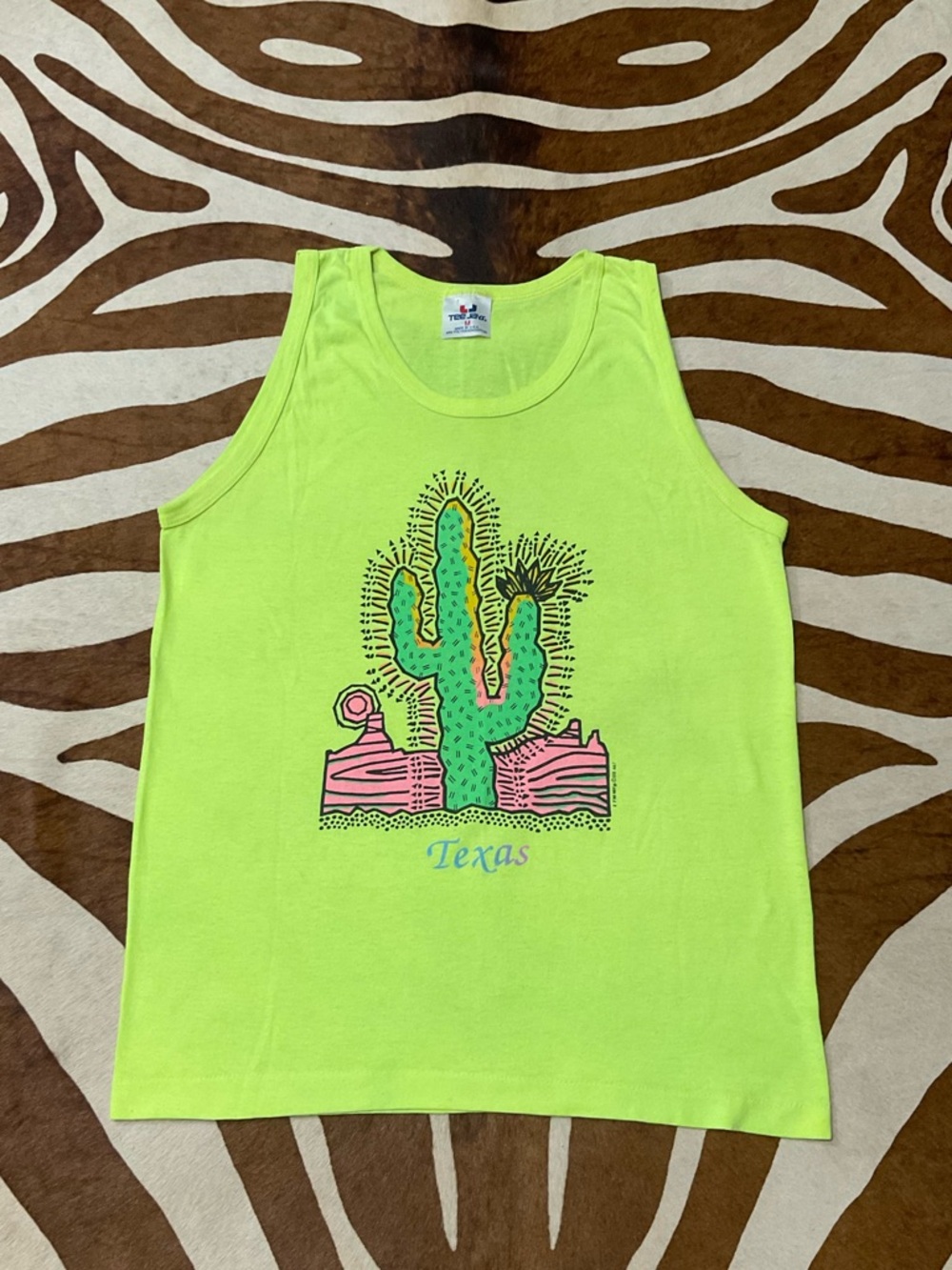Vintage 80s 90s Neon Texas Souvenir Tank Top Beach Cactus Single Stitch Medium